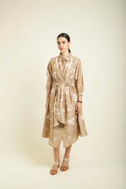 Beige Discharge Print Tie Up Dress With Embroidery Details