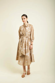 Beige Discharge Print Tie Up Dress With Embroidery Details