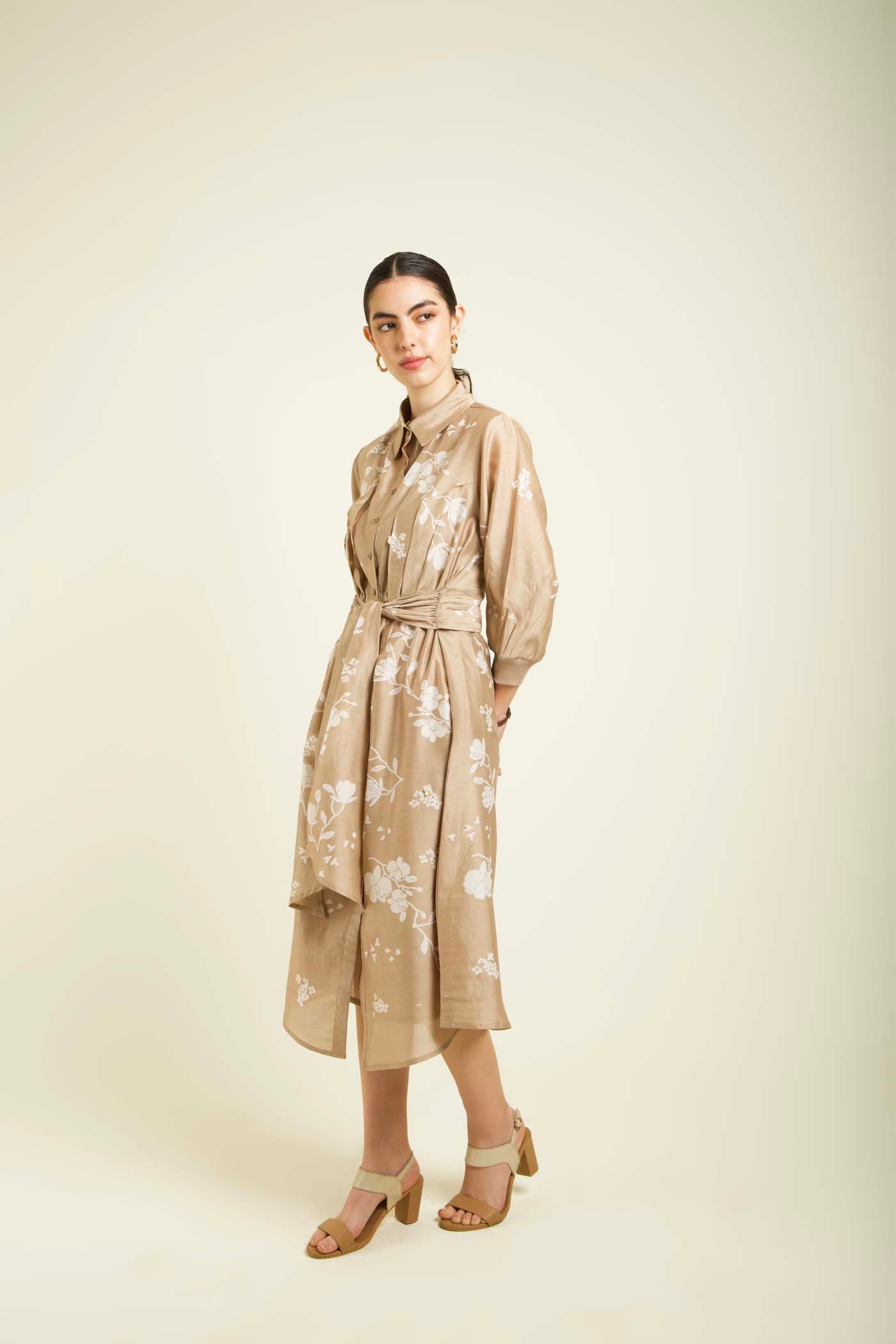 Beige Discharge Print Tie Up Dress With Embroidery Details