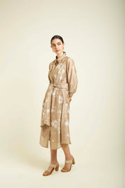 Beige Discharge Print Tie Up Dress With Embroidery Details