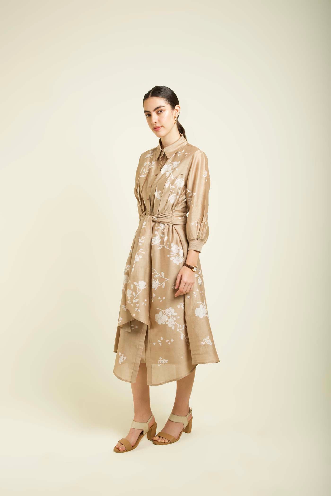 Beige Discharge Print Tie Up Dress With Embroidery Details