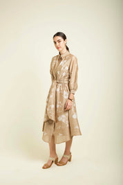 Beige Discharge Print Tie Up Dress With Embroidery Details