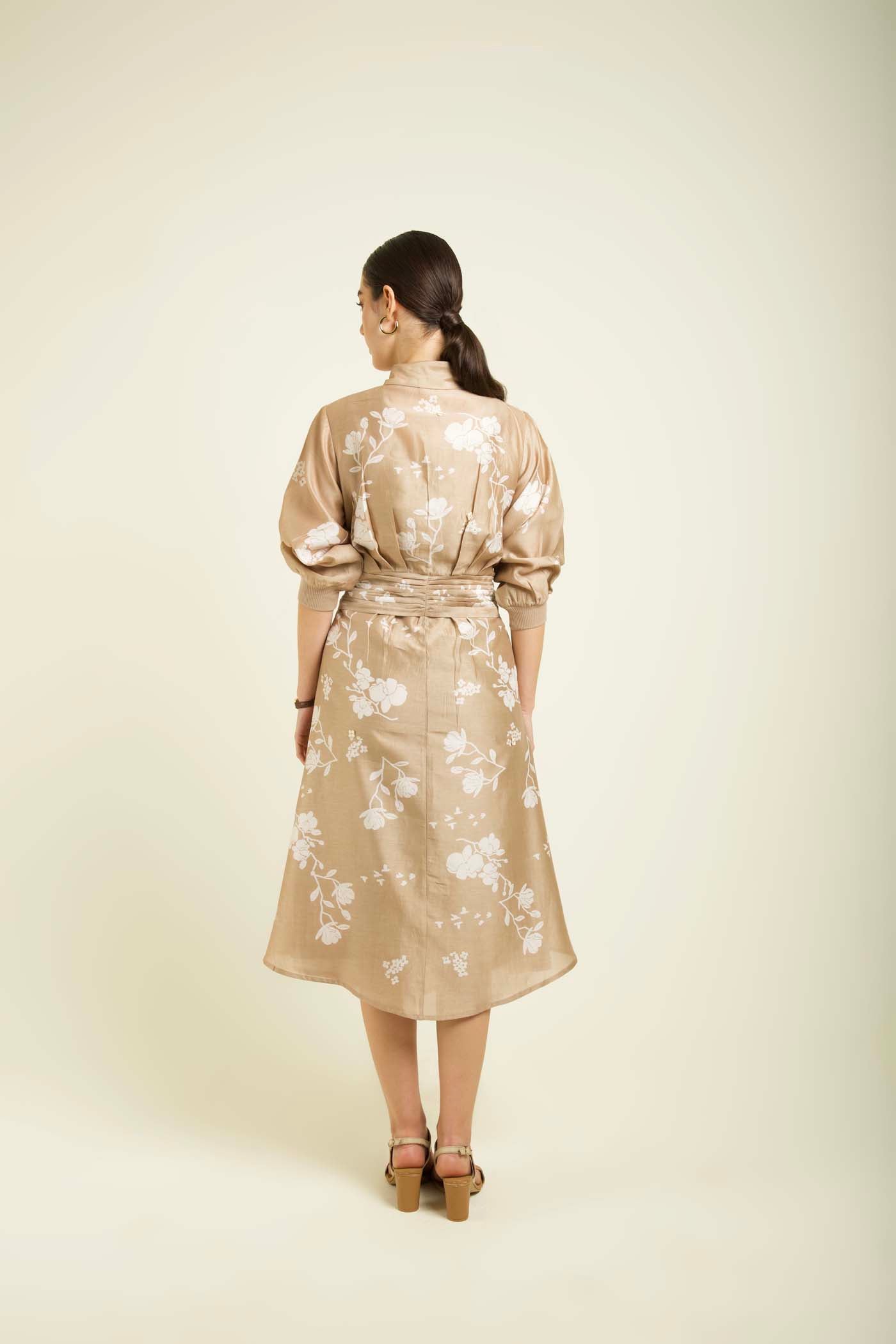 Beige Discharge Print Tie Up Dress With Embroidery Details