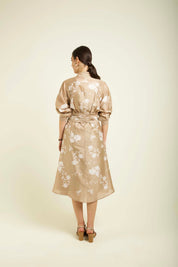 Beige Discharge Print Tie Up Dress With Embroidery Details