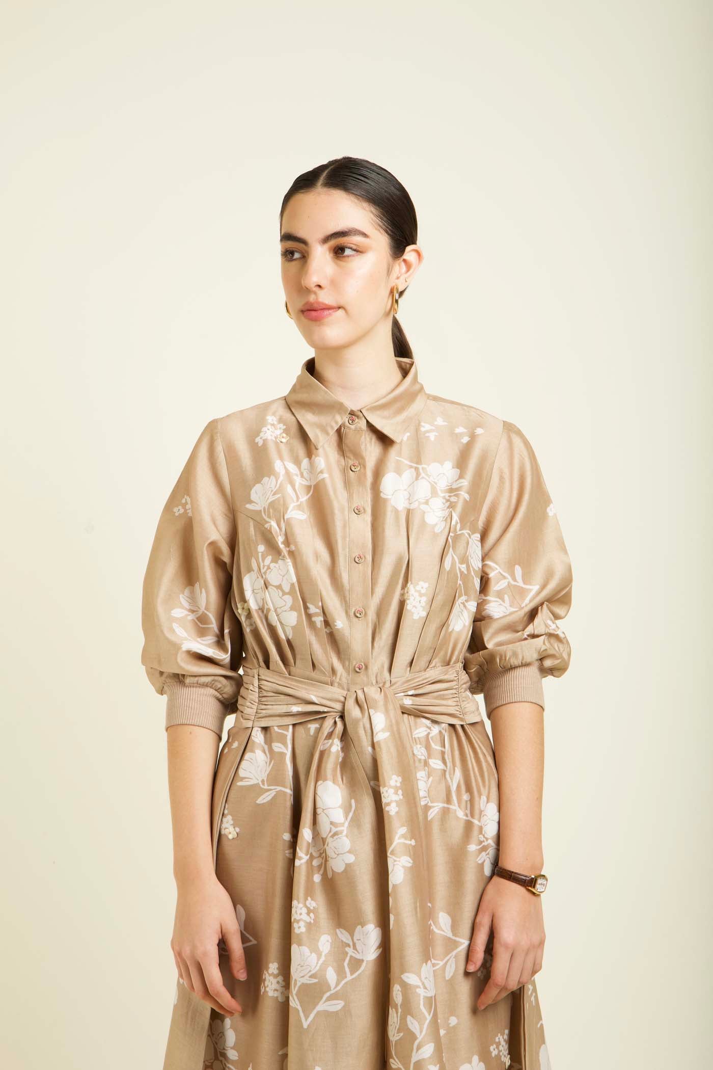 Beige Discharge Print Tie Up Dress With Embroidery Details