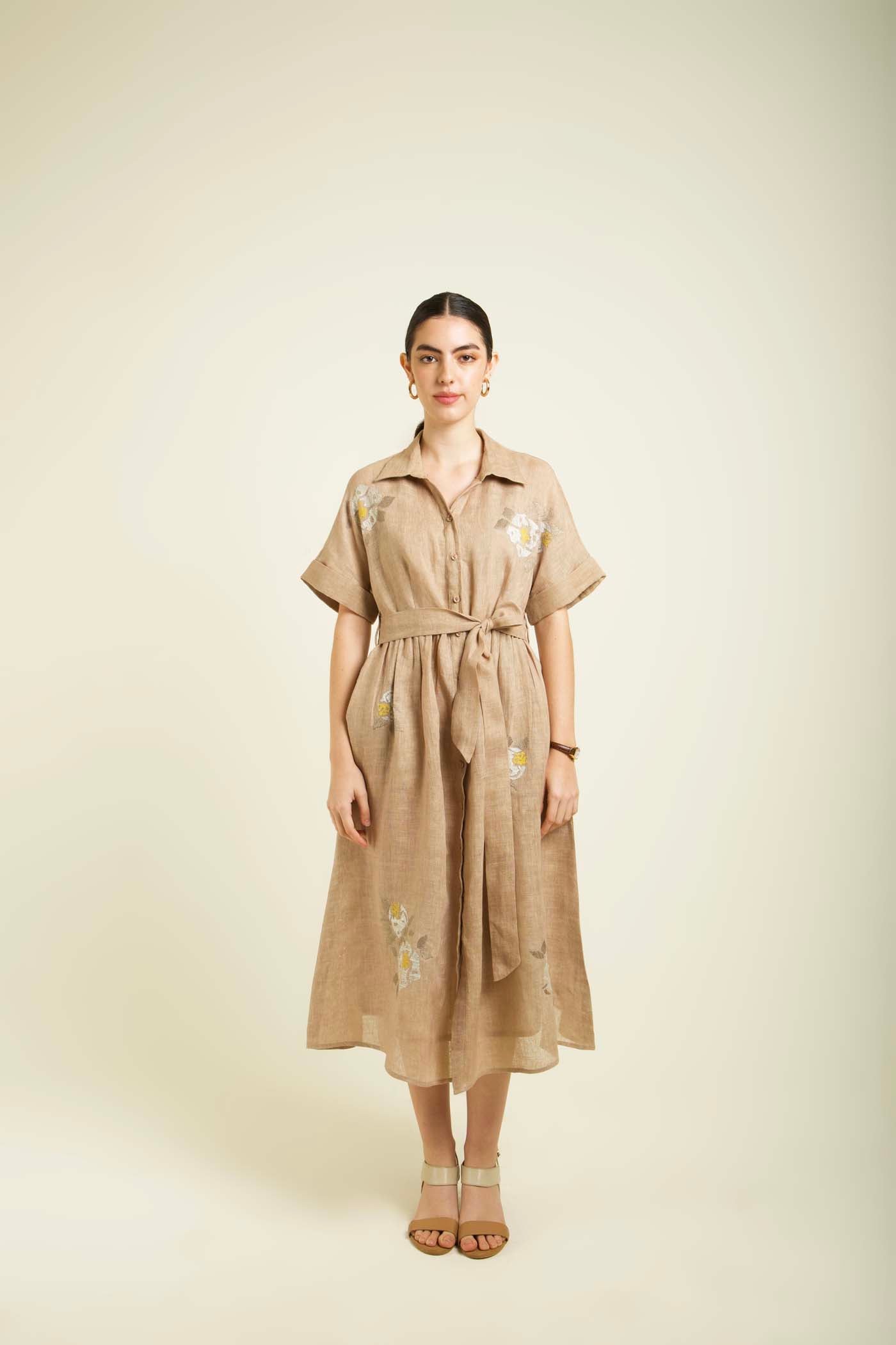Beige Embroidered Drop Shoulder Dress