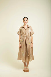 Beige Embroidered Drop Shoulder Dress