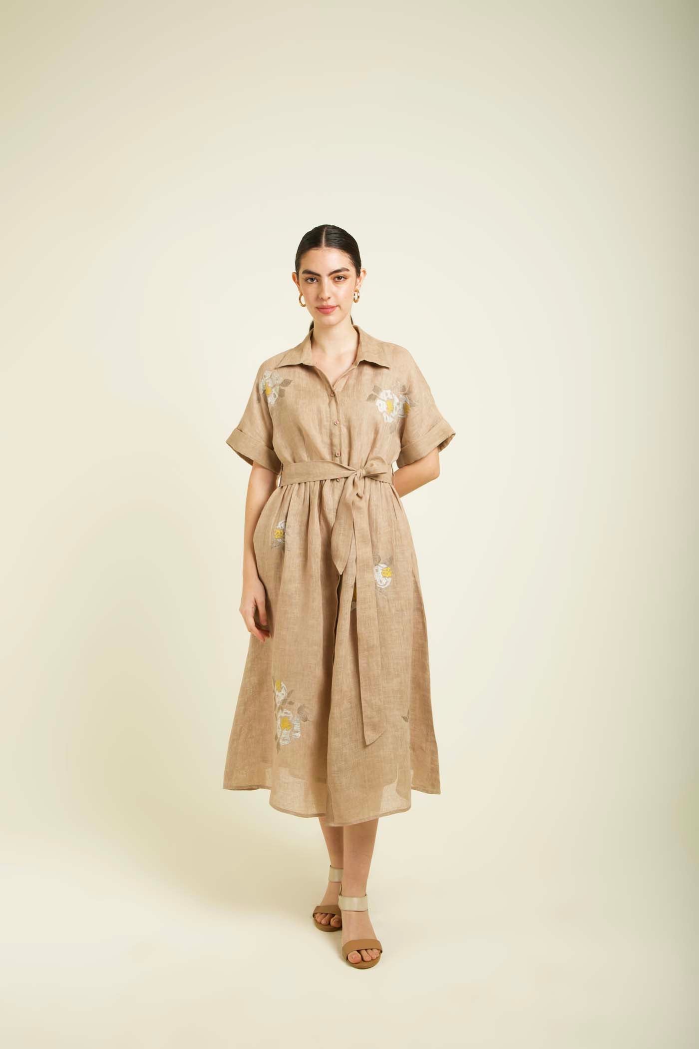 Beige Embroidered Drop Shoulder Dress