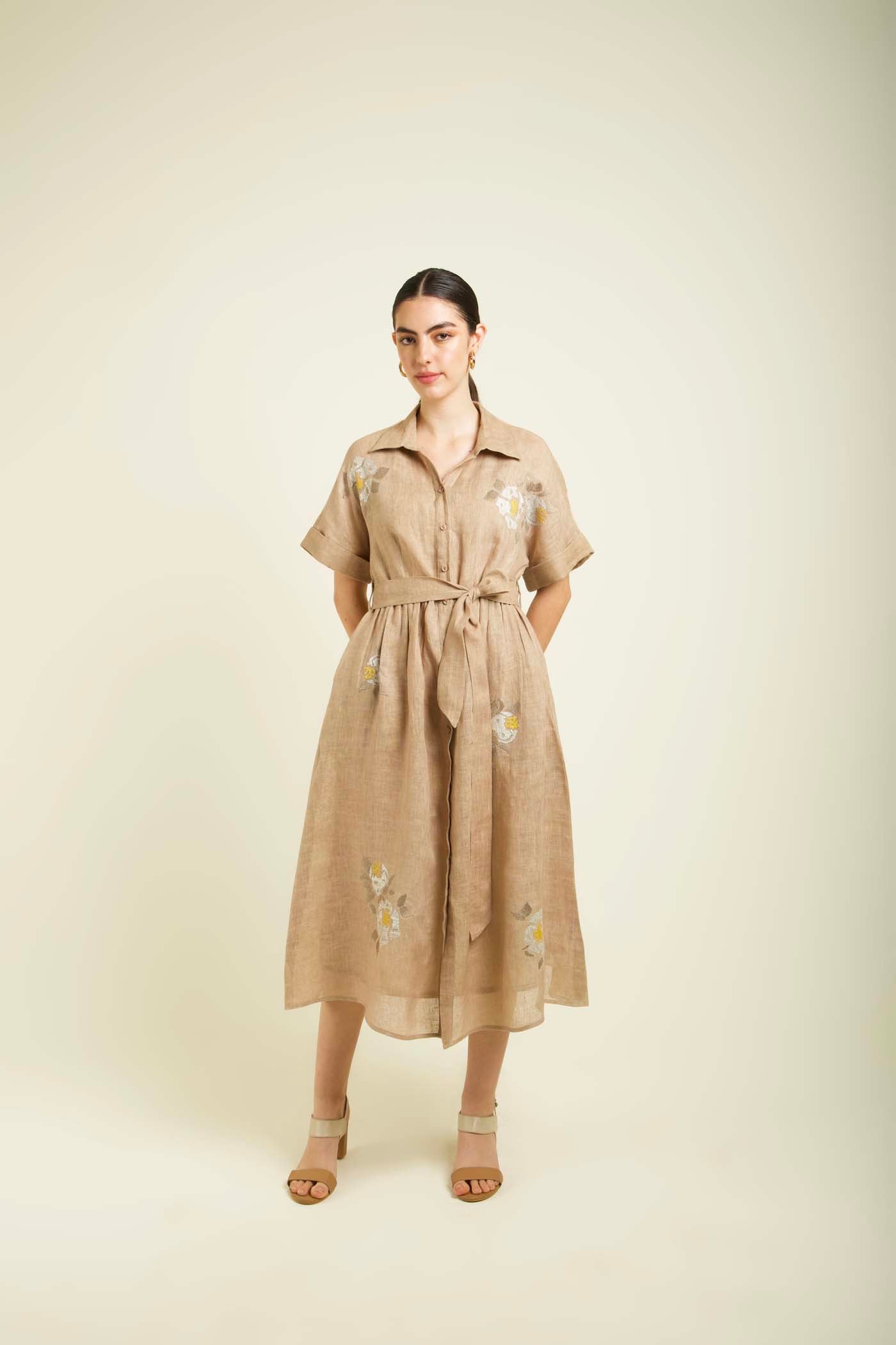 Beige Embroidered Drop Shoulder Dress