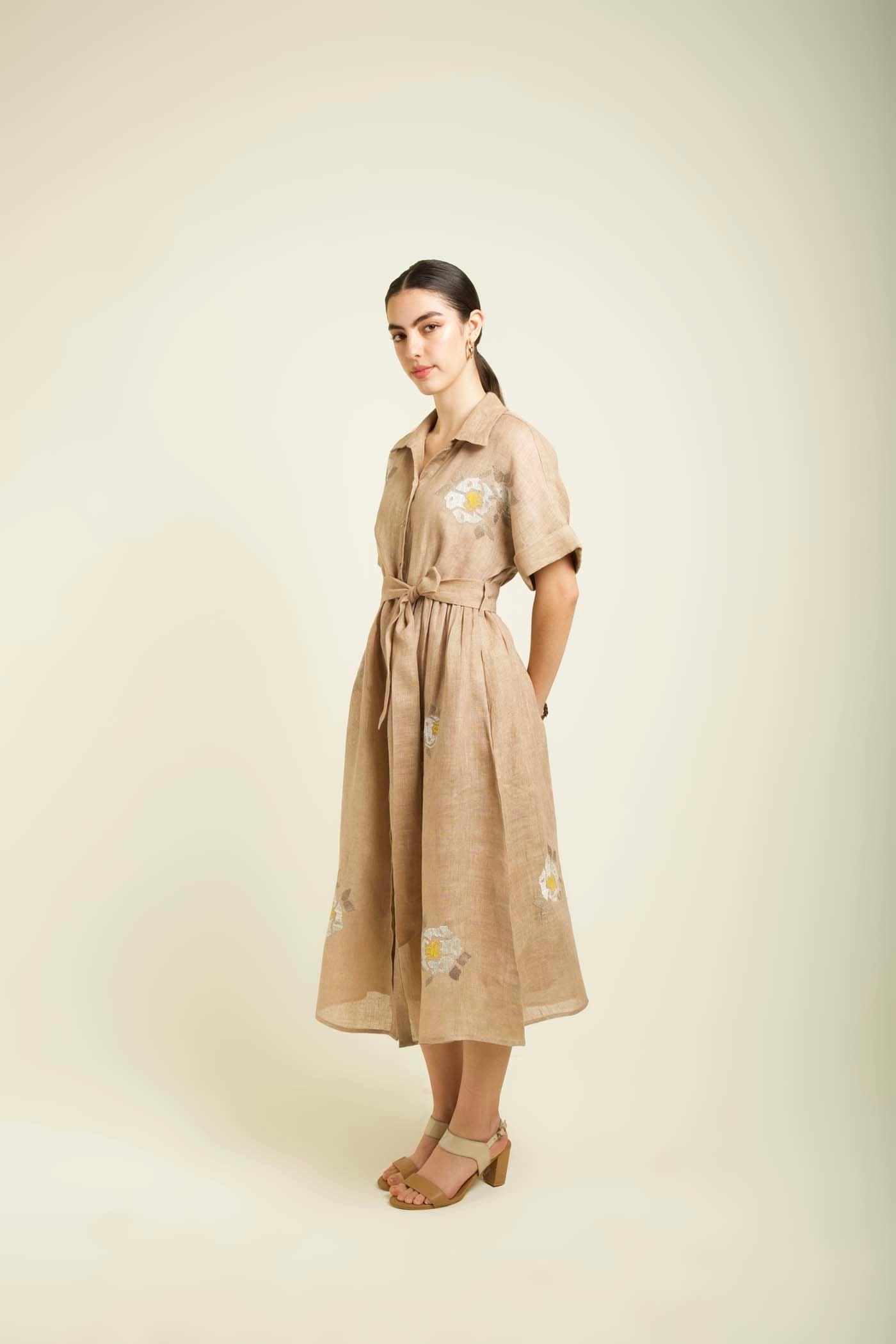 Beige Embroidered Drop Shoulder Dress