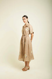Beige Embroidered Drop Shoulder Dress