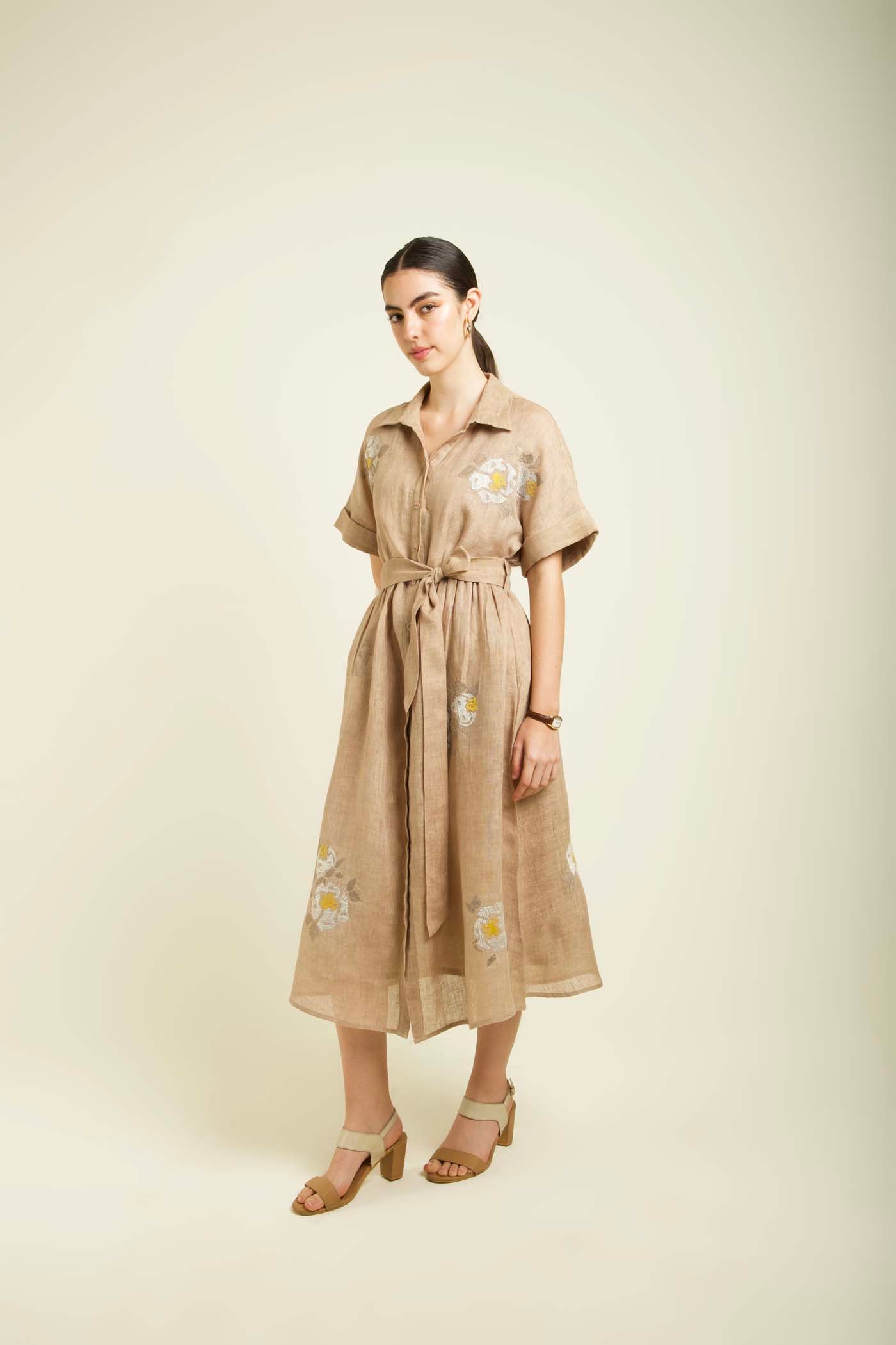 Beige Embroidered Drop Shoulder Dress