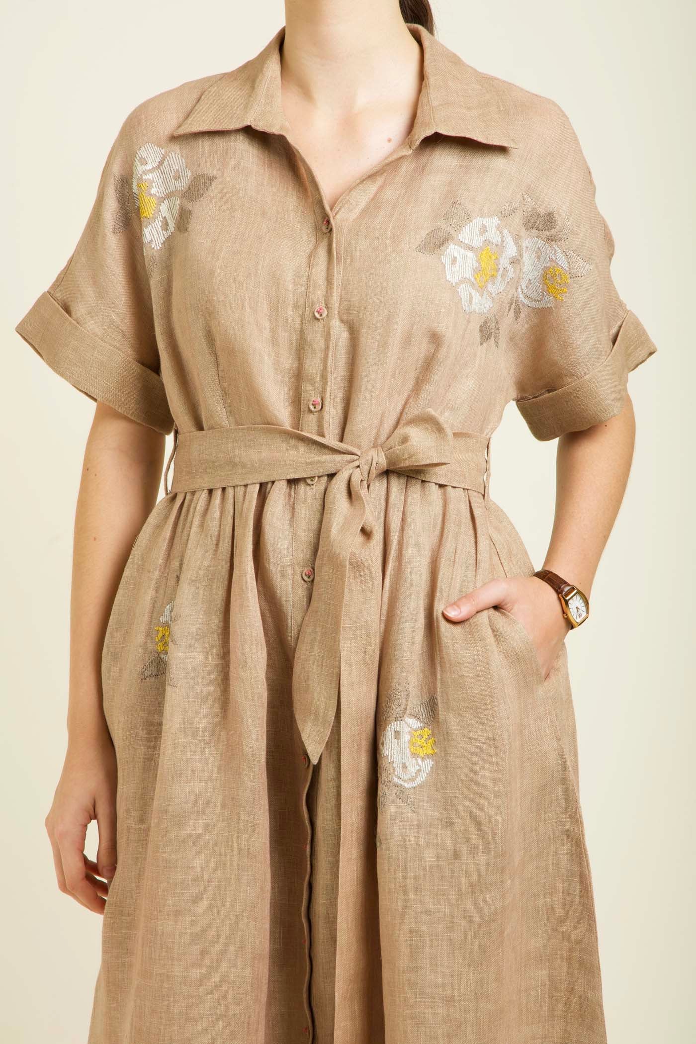 Beige Embroidered Drop Shoulder Dress