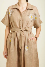 Beige Embroidered Drop Shoulder Dress