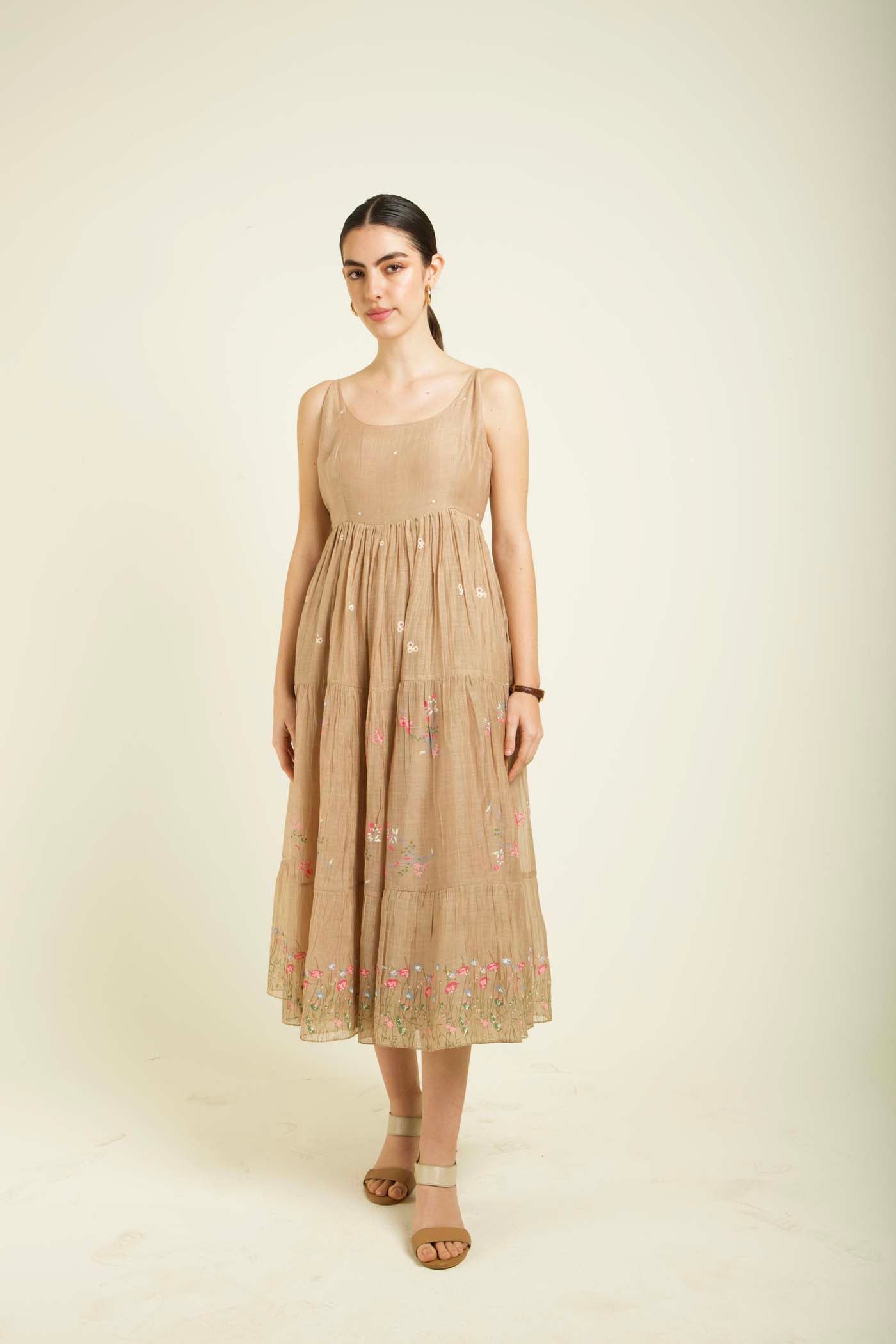 Beige Gauze Jacket With Embroidery And Tier Dress