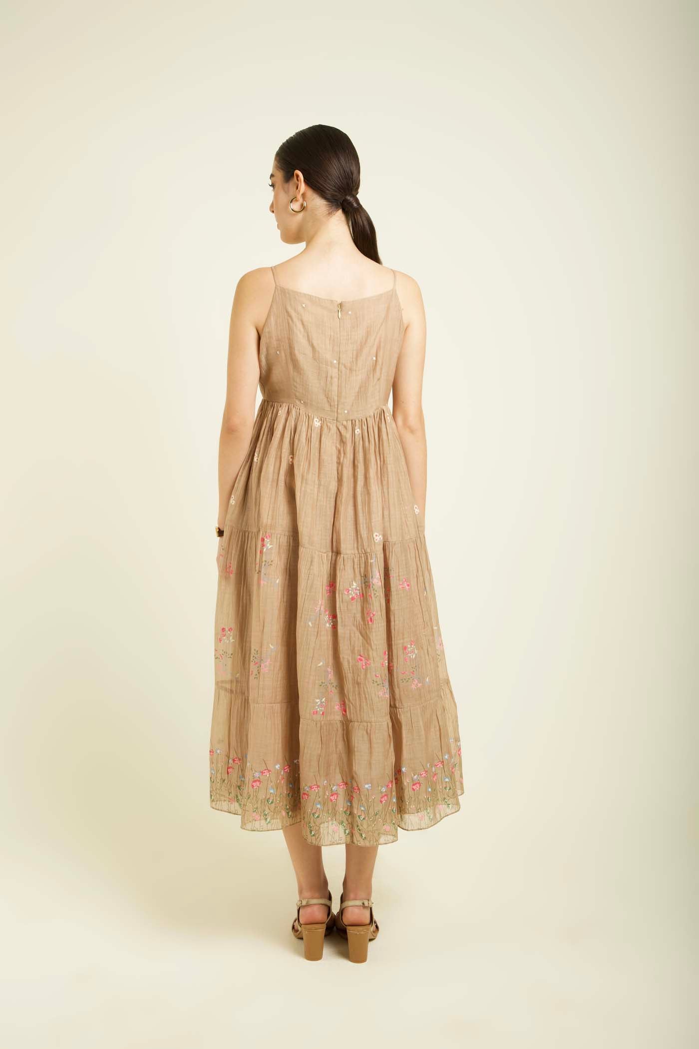 Beige Gauze Jacket With Embroidery And Tier Dress