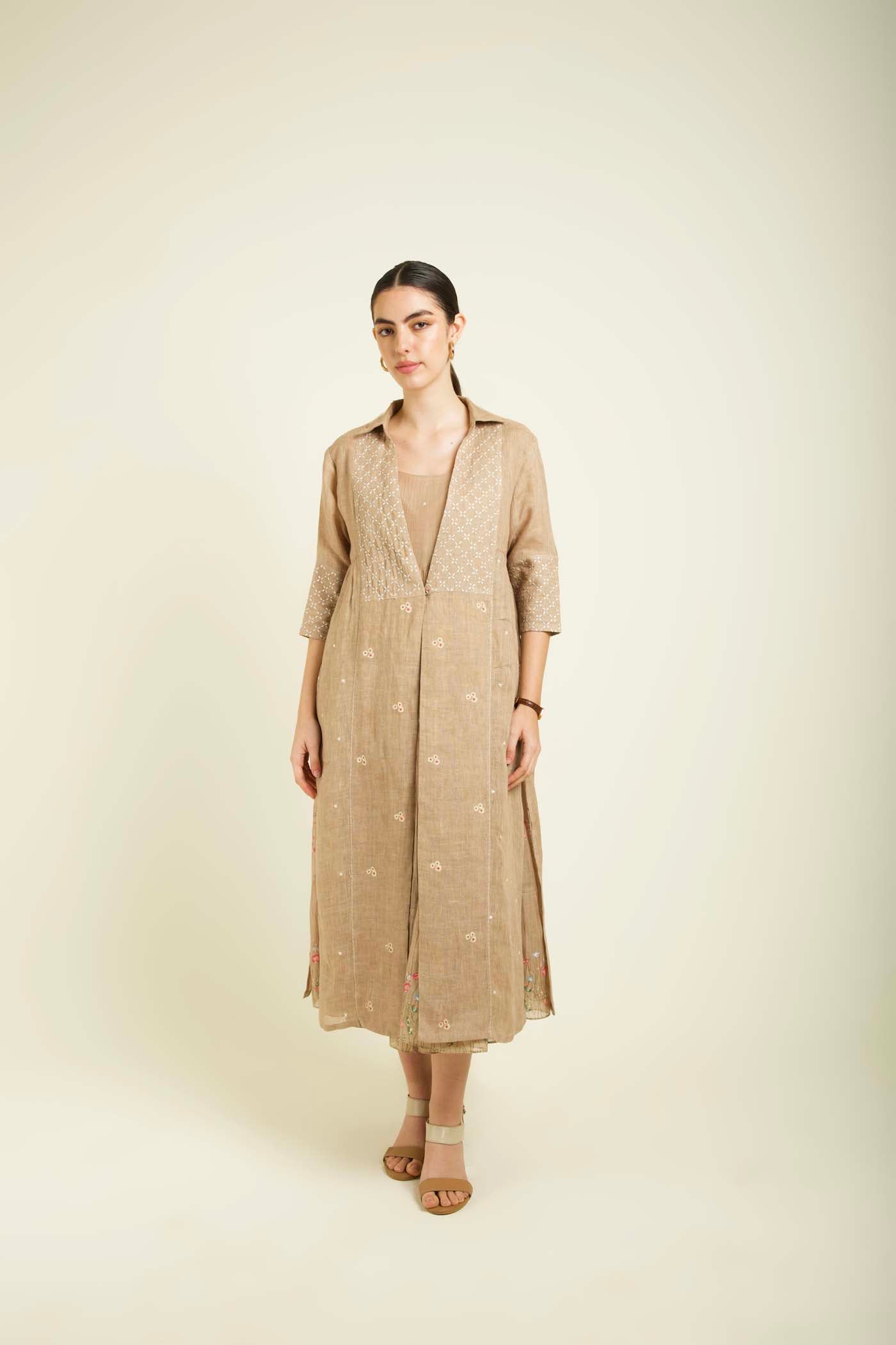 Beige Gauze Jacket With Embroidery And Tier Dress