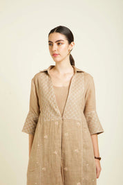 Beige Gauze Jacket With Embroidery And Tier Dress