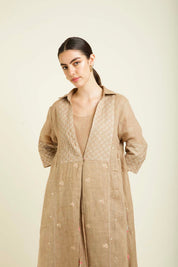 Beige Gauze Jacket With Embroidery And Tier Dress