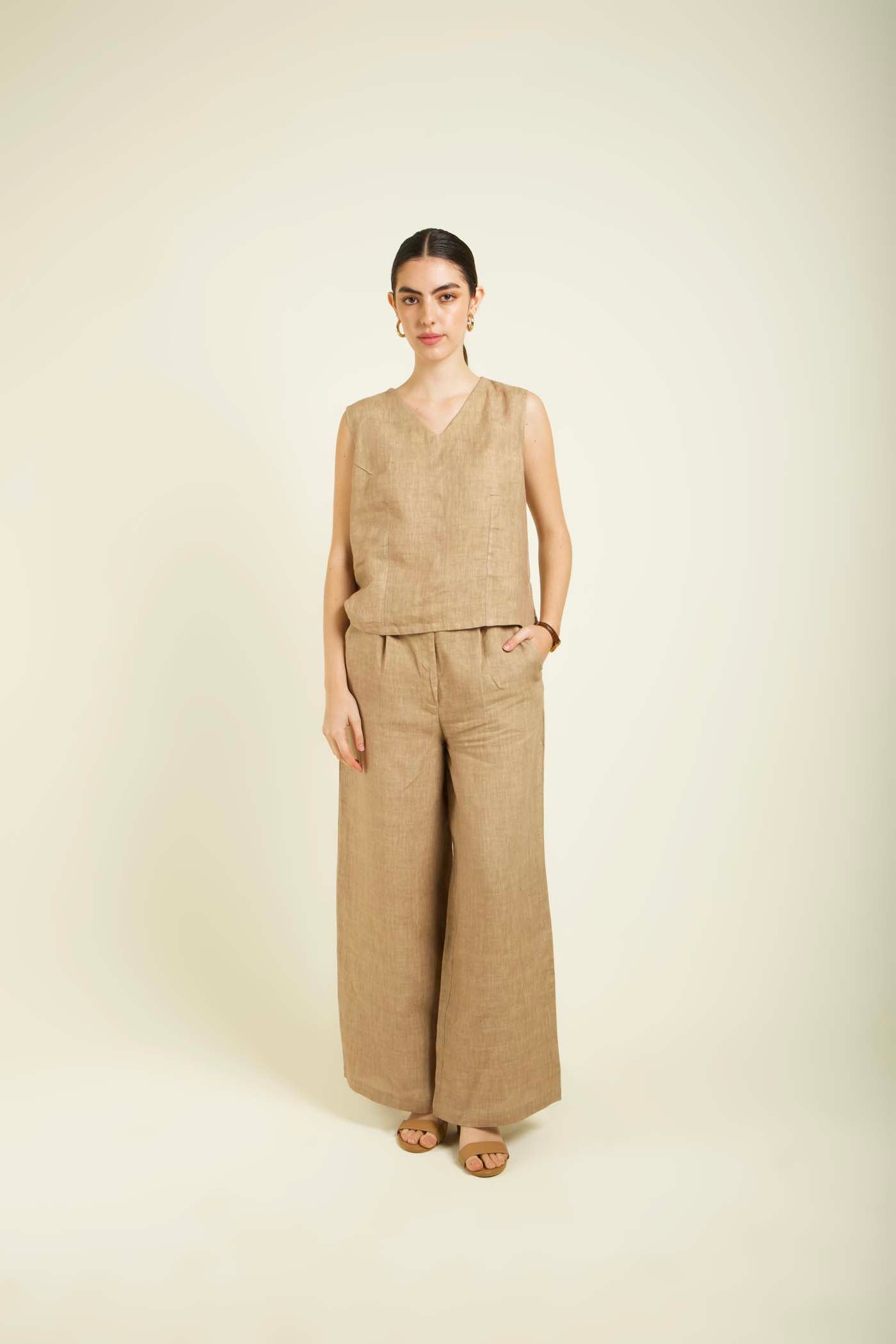Beige Linen Jacket With Flared Pants And Top