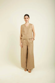 Beige Linen Jacket With Flared Pants And Top
