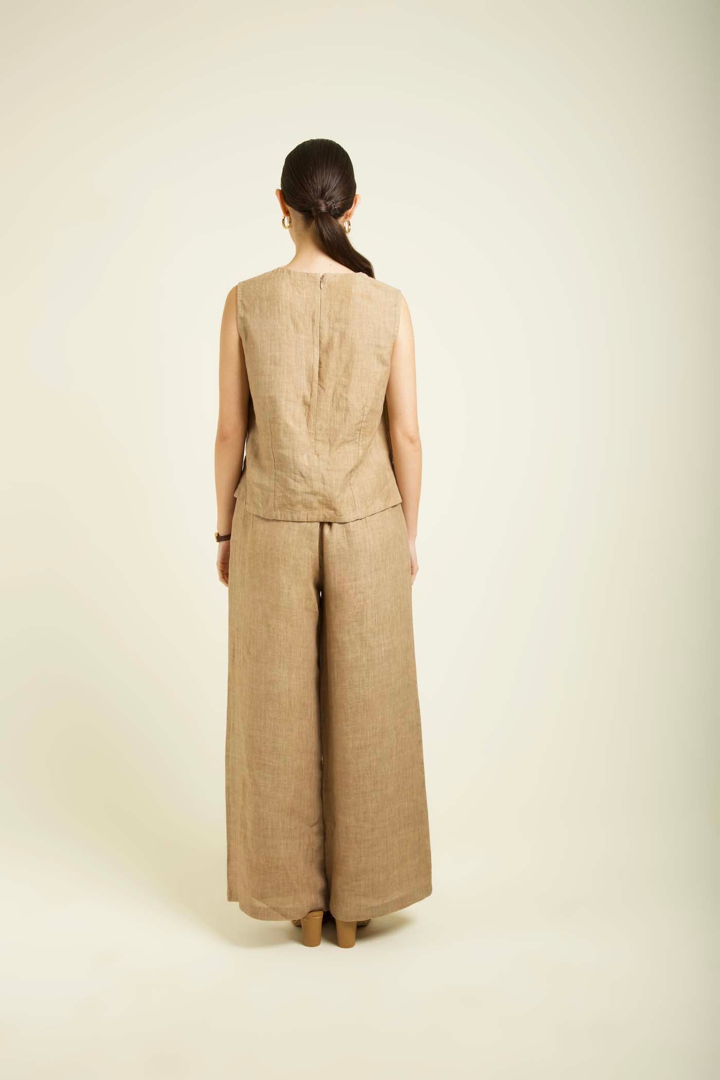 Beige Linen Jacket With Flared Pants And Top
