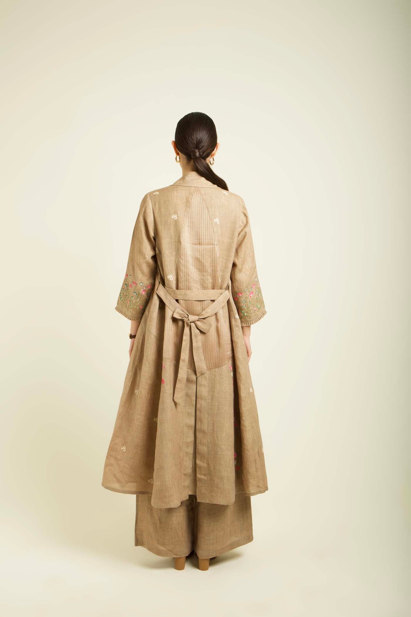 Beige Linen Jacket With Flared Pants And Top
