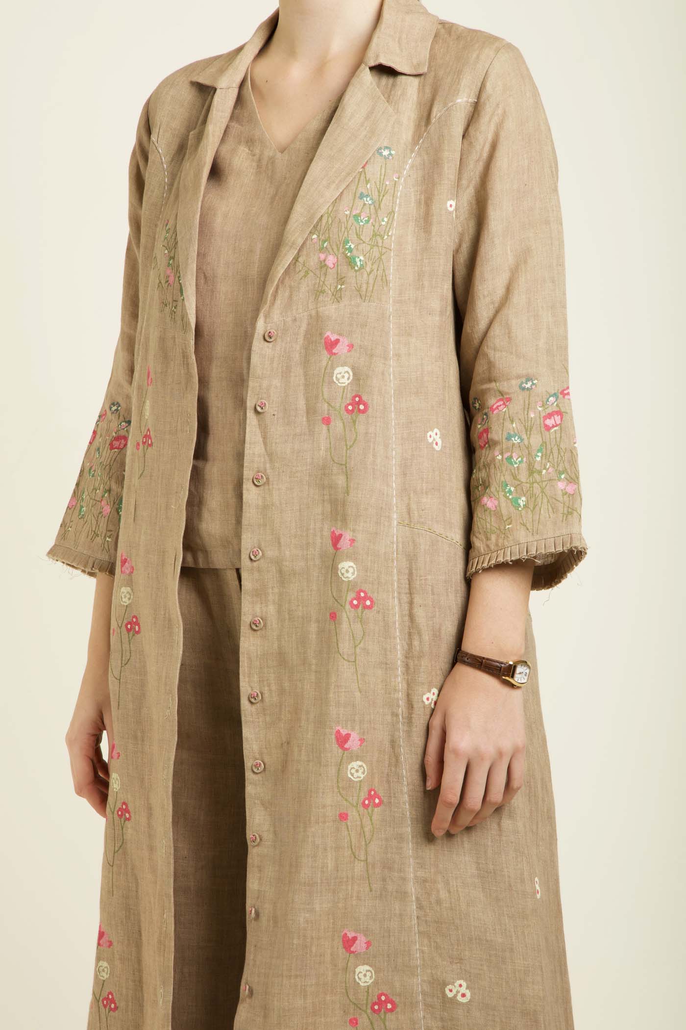 Beige Linen Jacket With Flared Pants And Top