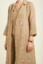 Beige Linen Jacket With Flared Pants And Top