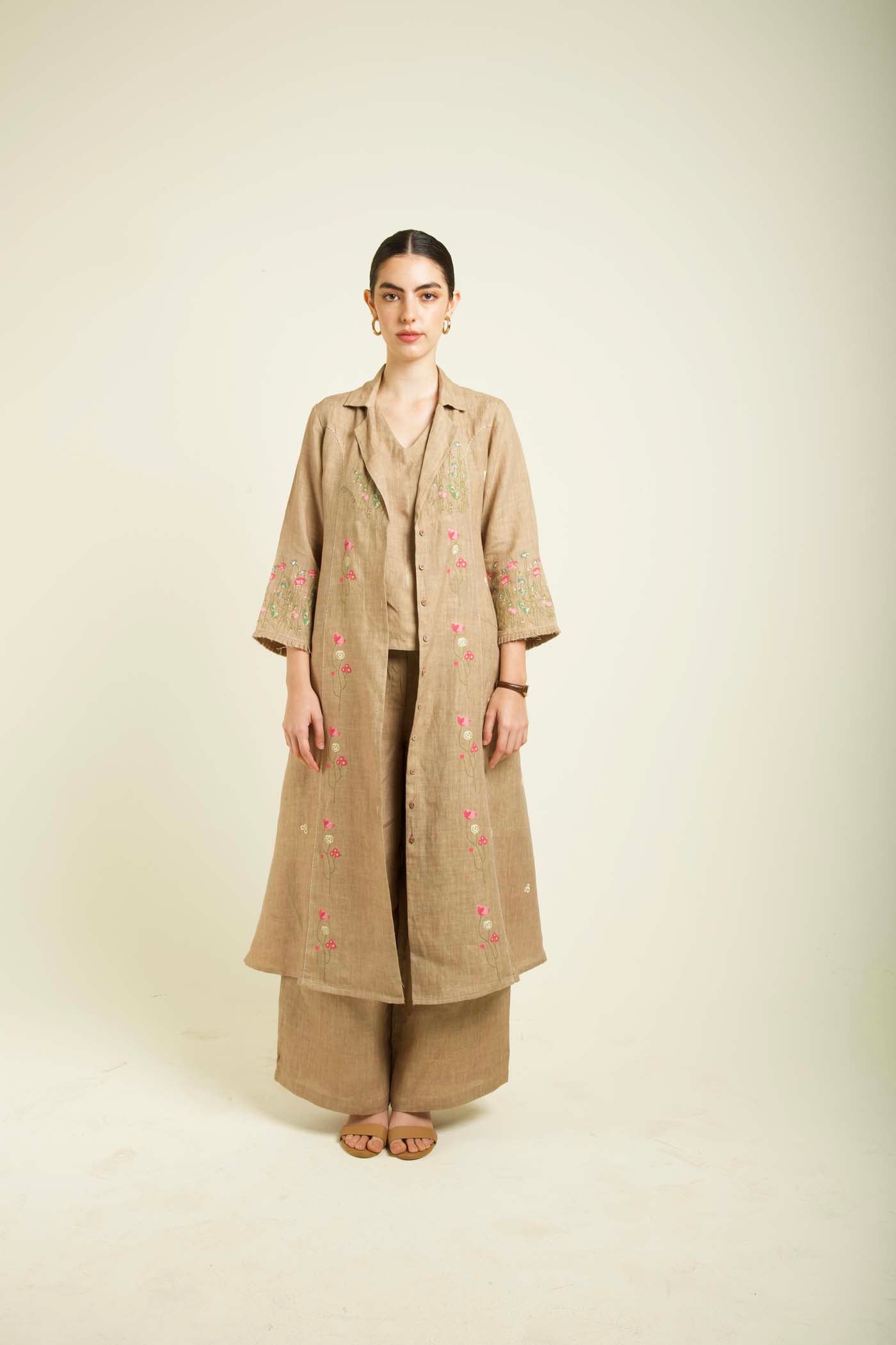 Beige Linen Jacket With Flared Pants And Top