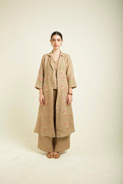 Beige Linen Jacket With Flared Pants And Top