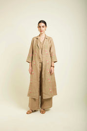 Beige Linen Jacket With Flared Pants And Top