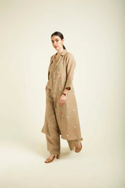 Beige Linen Jacket With Flared Pants And Top