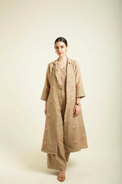 Beige Linen Jacket With Flared Pants And Top