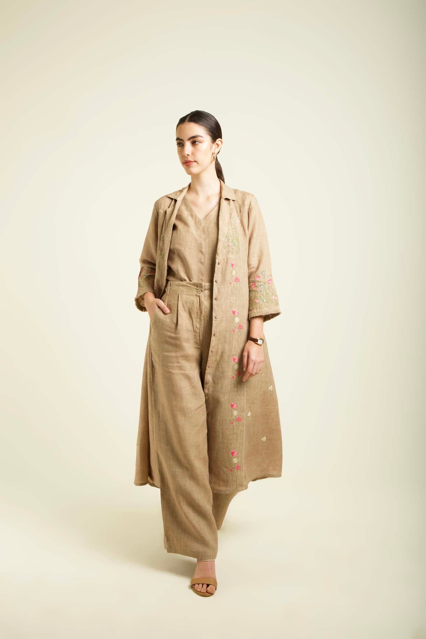 Beige Linen Jacket With Flared Pants And Top