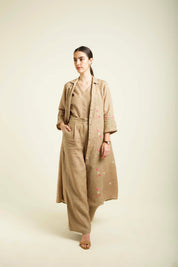 Beige Linen Jacket With Flared Pants And Top
