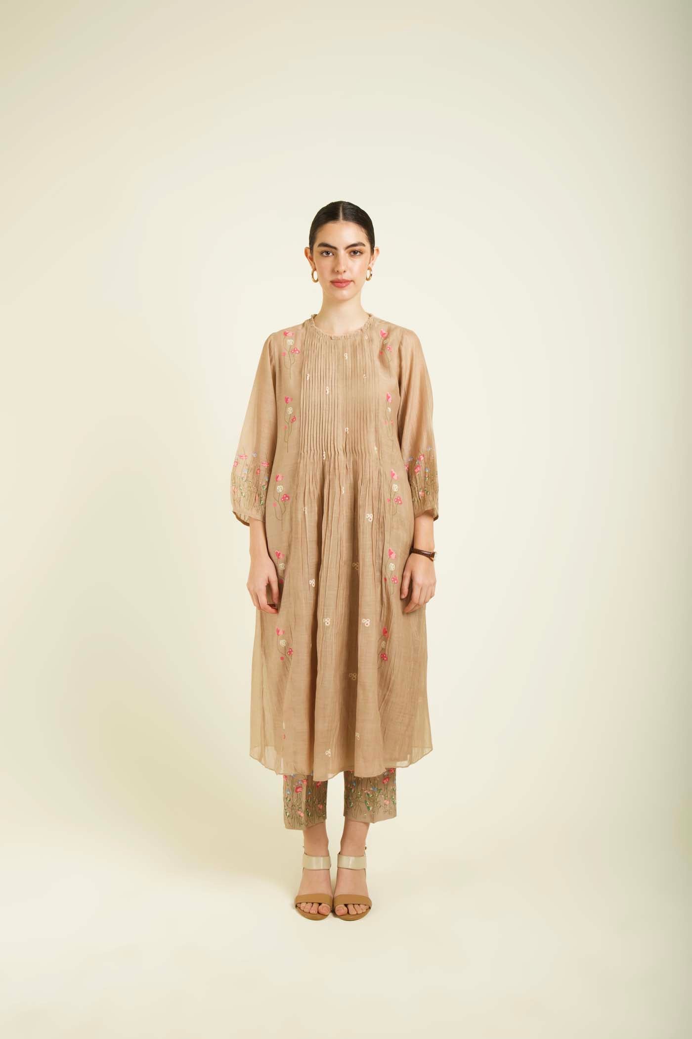 Beige Mul Pleated Tunic With Straight Printed Pants