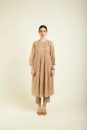 Beige Mul Pleated Tunic With Straight Printed Pants