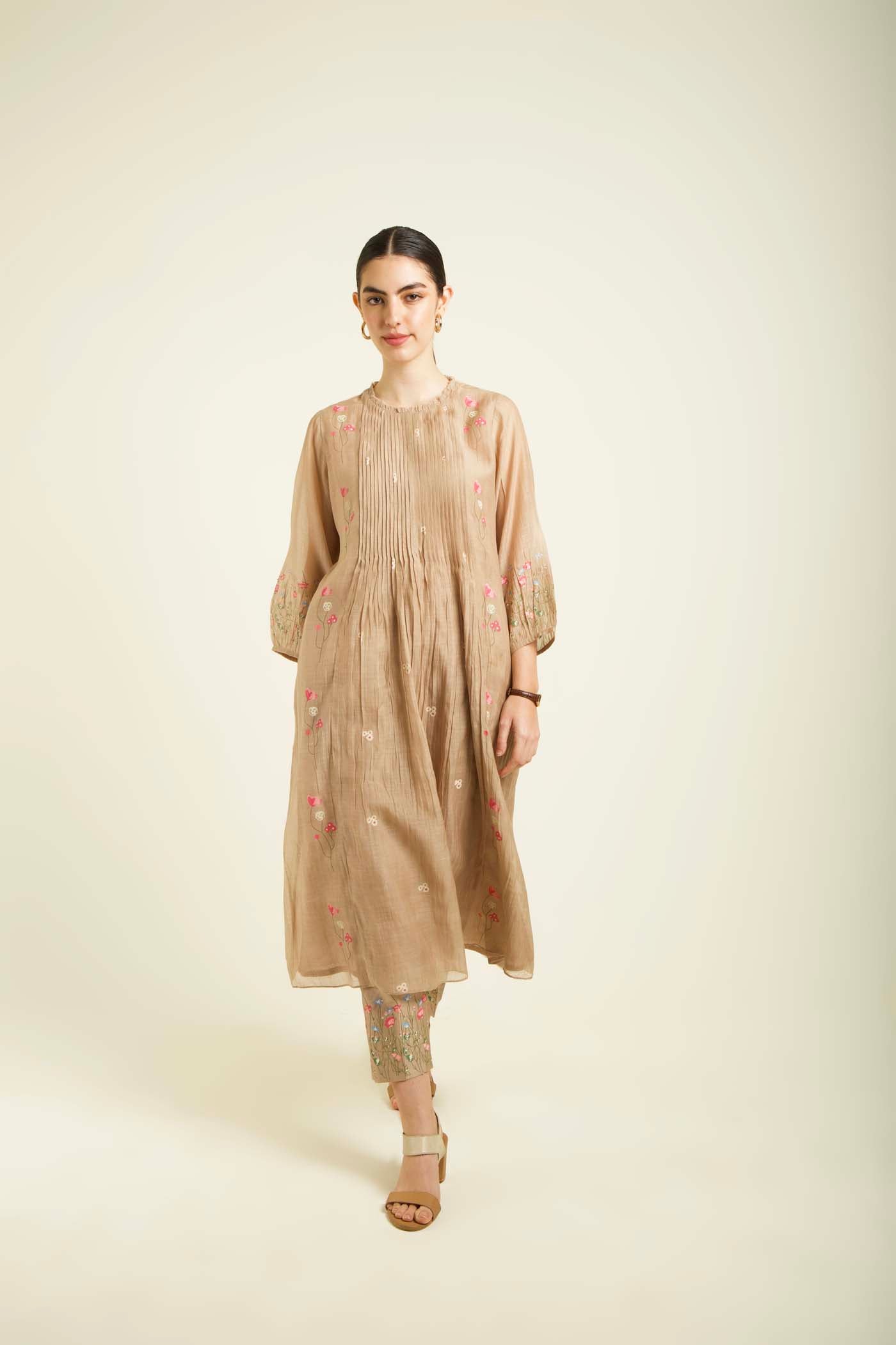 Beige Mul Pleated Tunic With Straight Printed Pants