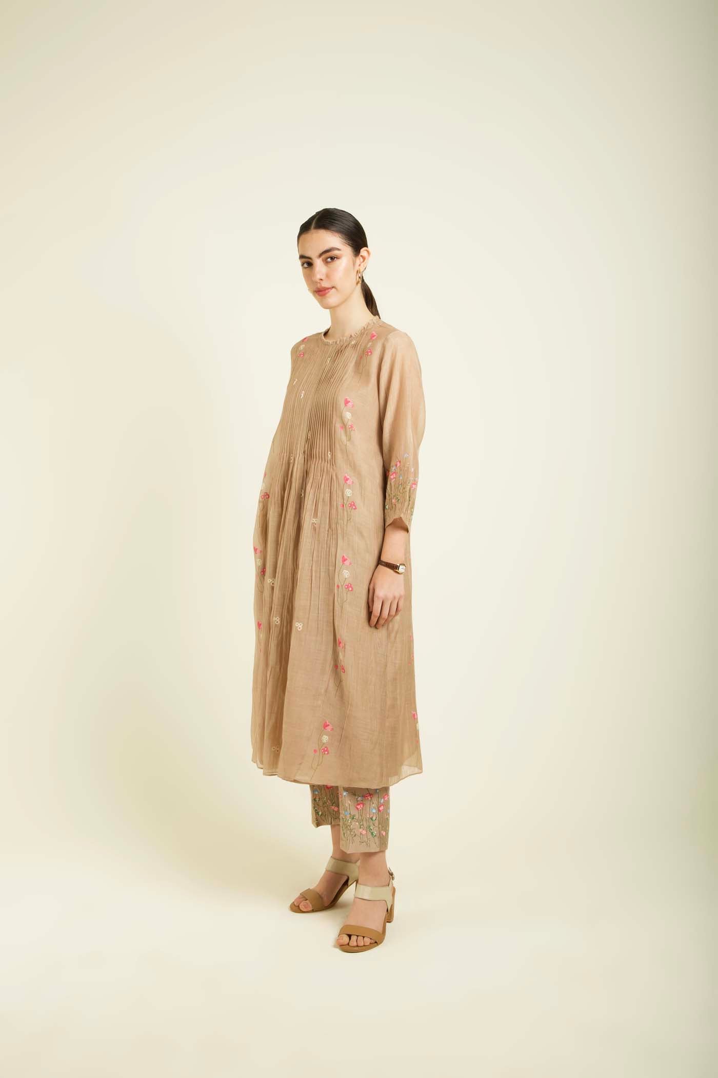 Beige Mul Pleated Tunic With Straight Printed Pants