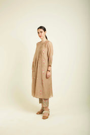 Beige Mul Pleated Tunic With Straight Printed Pants