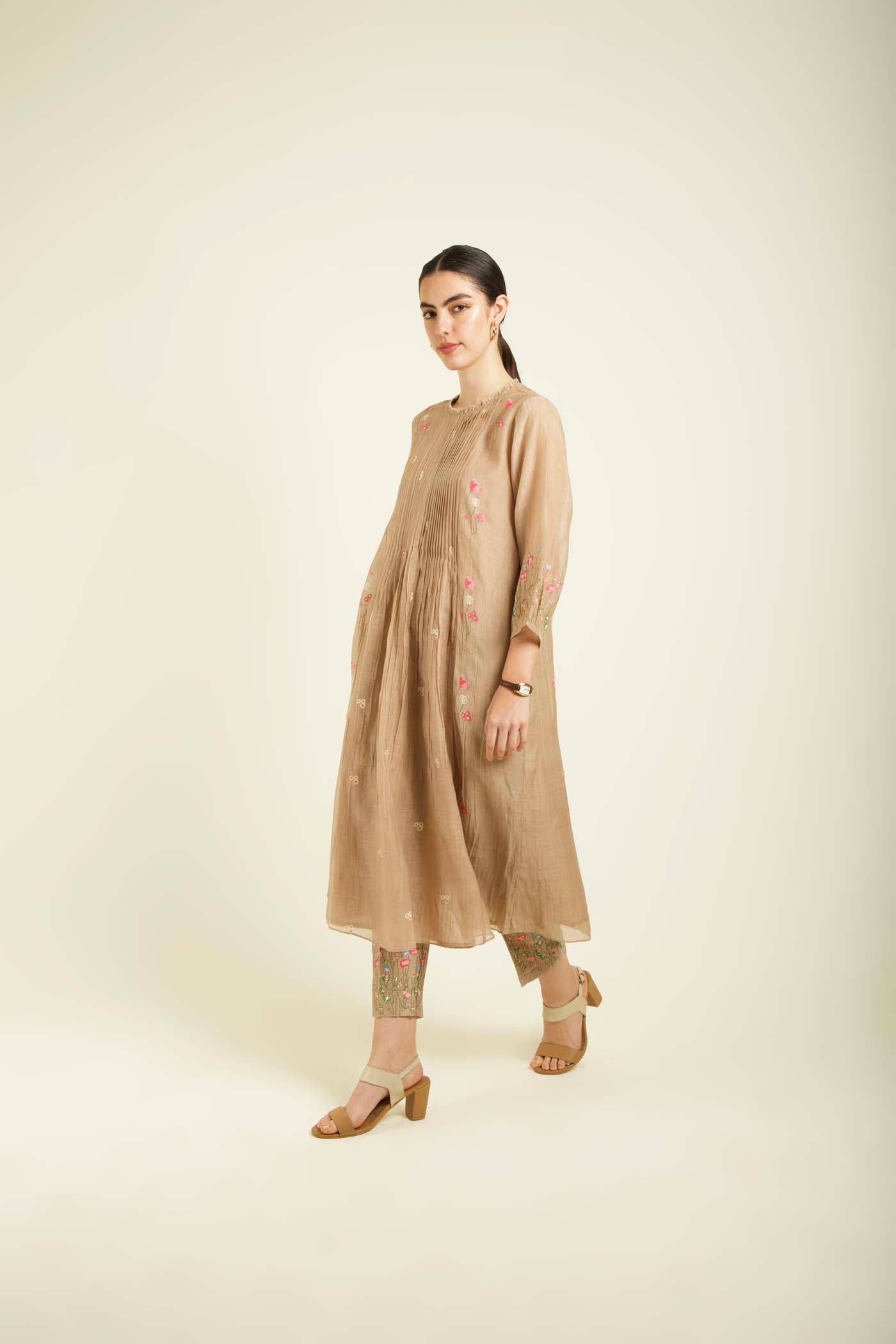 Beige Mul Pleated Tunic With Straight Printed Pants