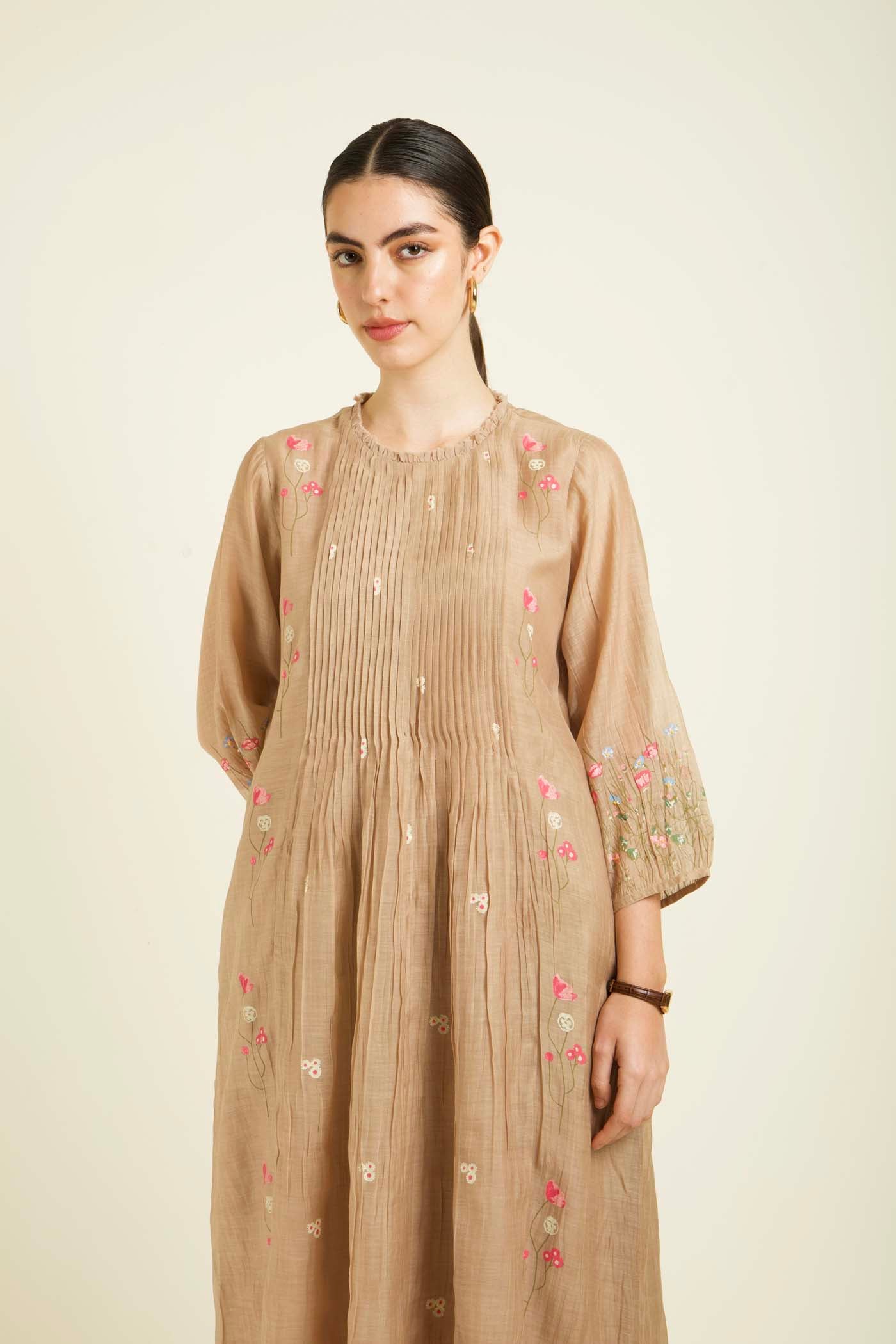 Beige Mul Pleated Tunic With Straight Printed Pants