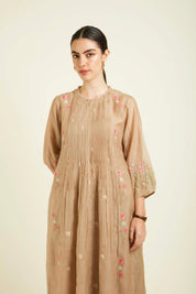 Beige Mul Pleated Tunic With Straight Printed Pants