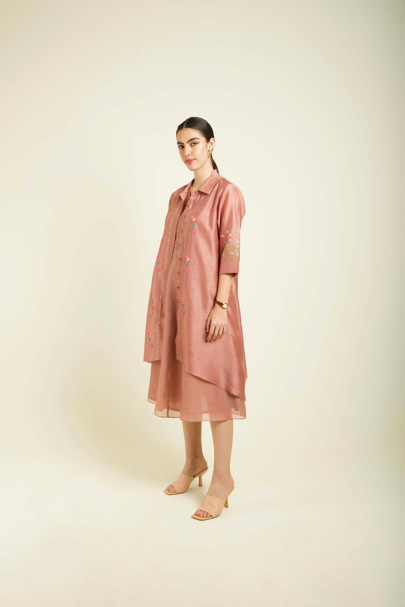Almond Jacket With Plain Mul Chanderi Dress