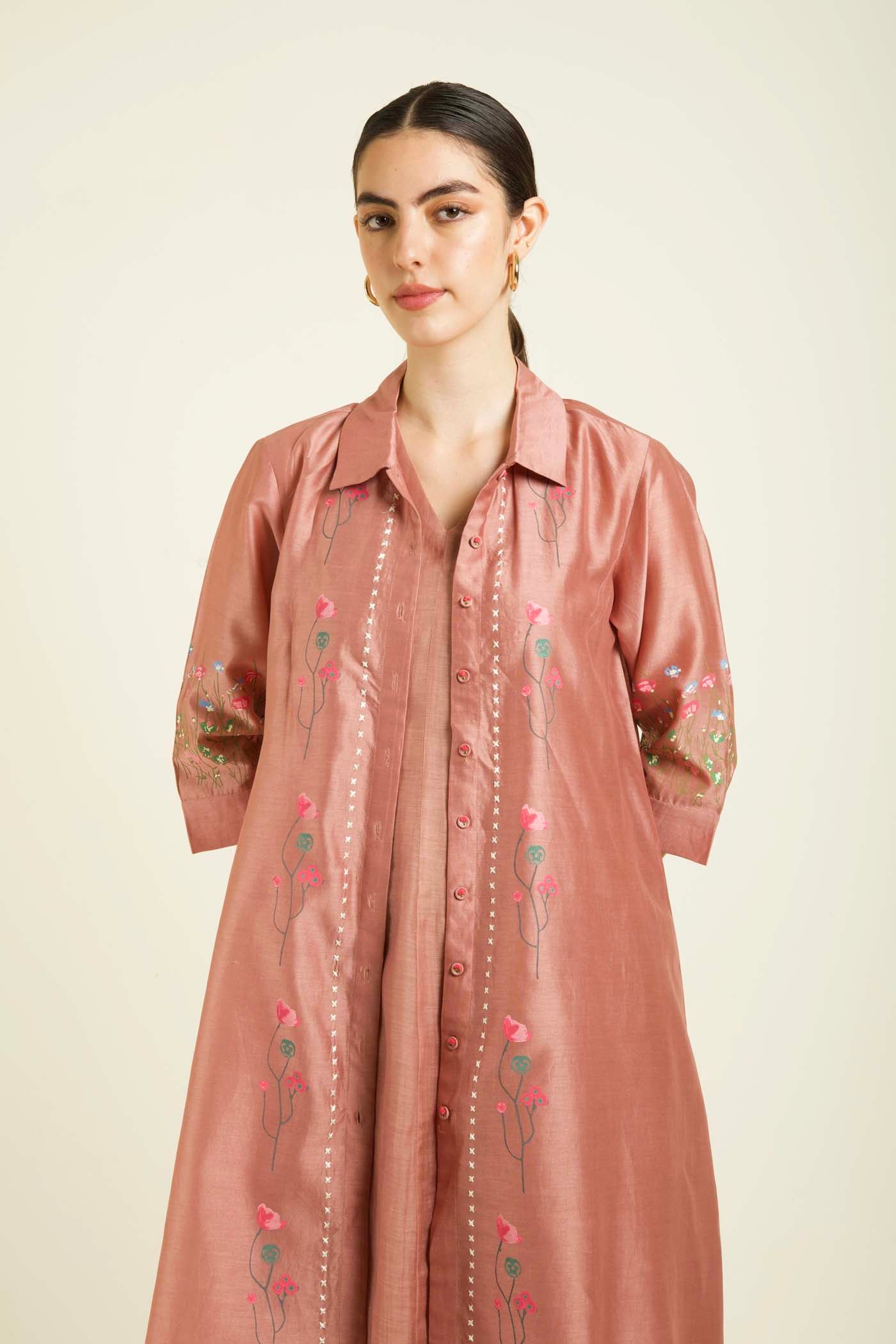 Almond Jacket With Plain Mul Chanderi Dress
