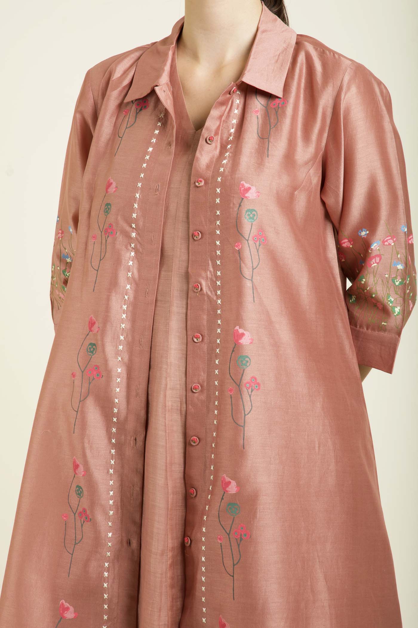 Almond Jacket With Plain Mul Chanderi Dress