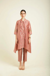 Almond Shirt With Embroidery And Straight Pants