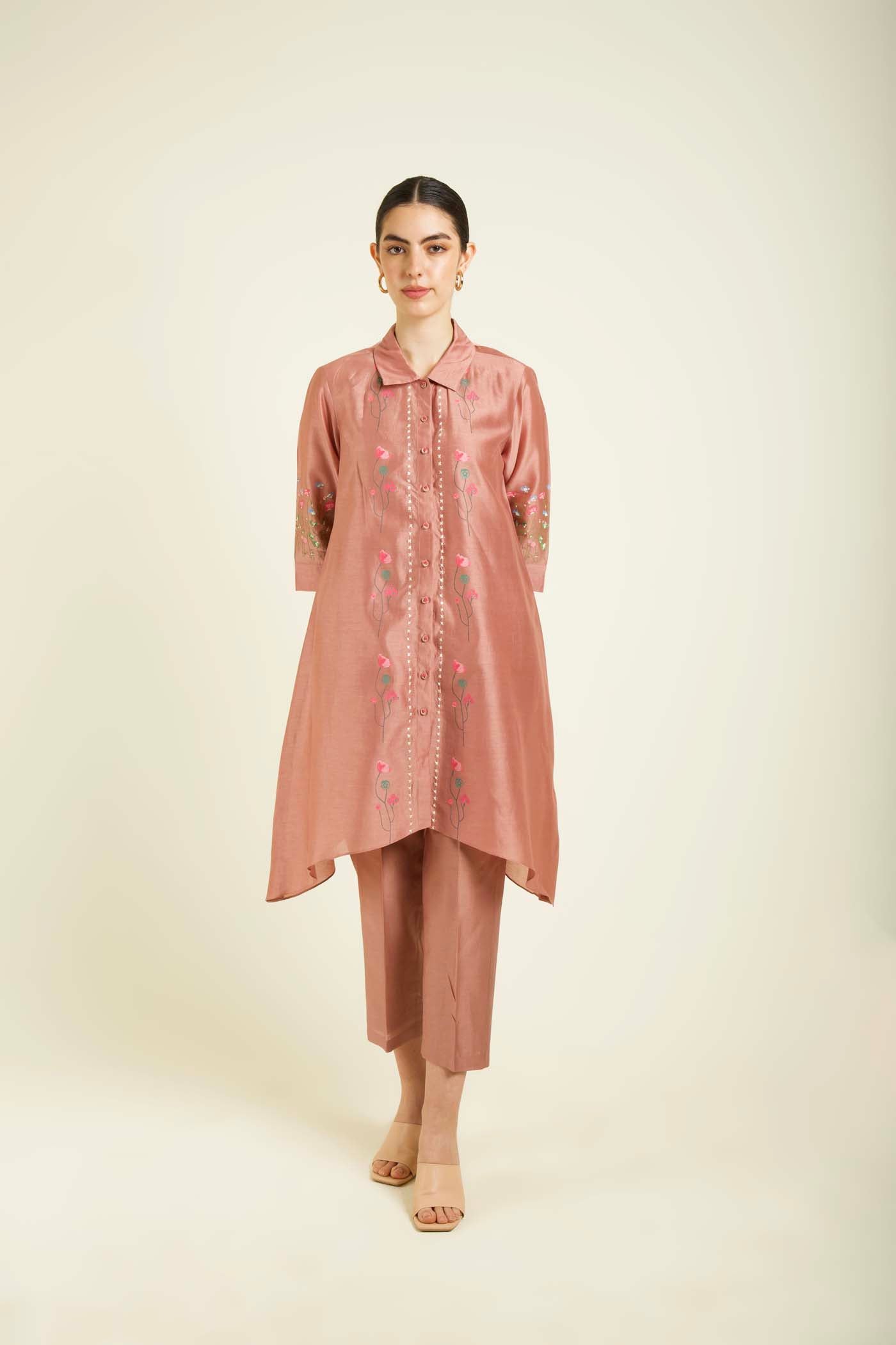 Almond Shirt With Embroidery And Straight Pants