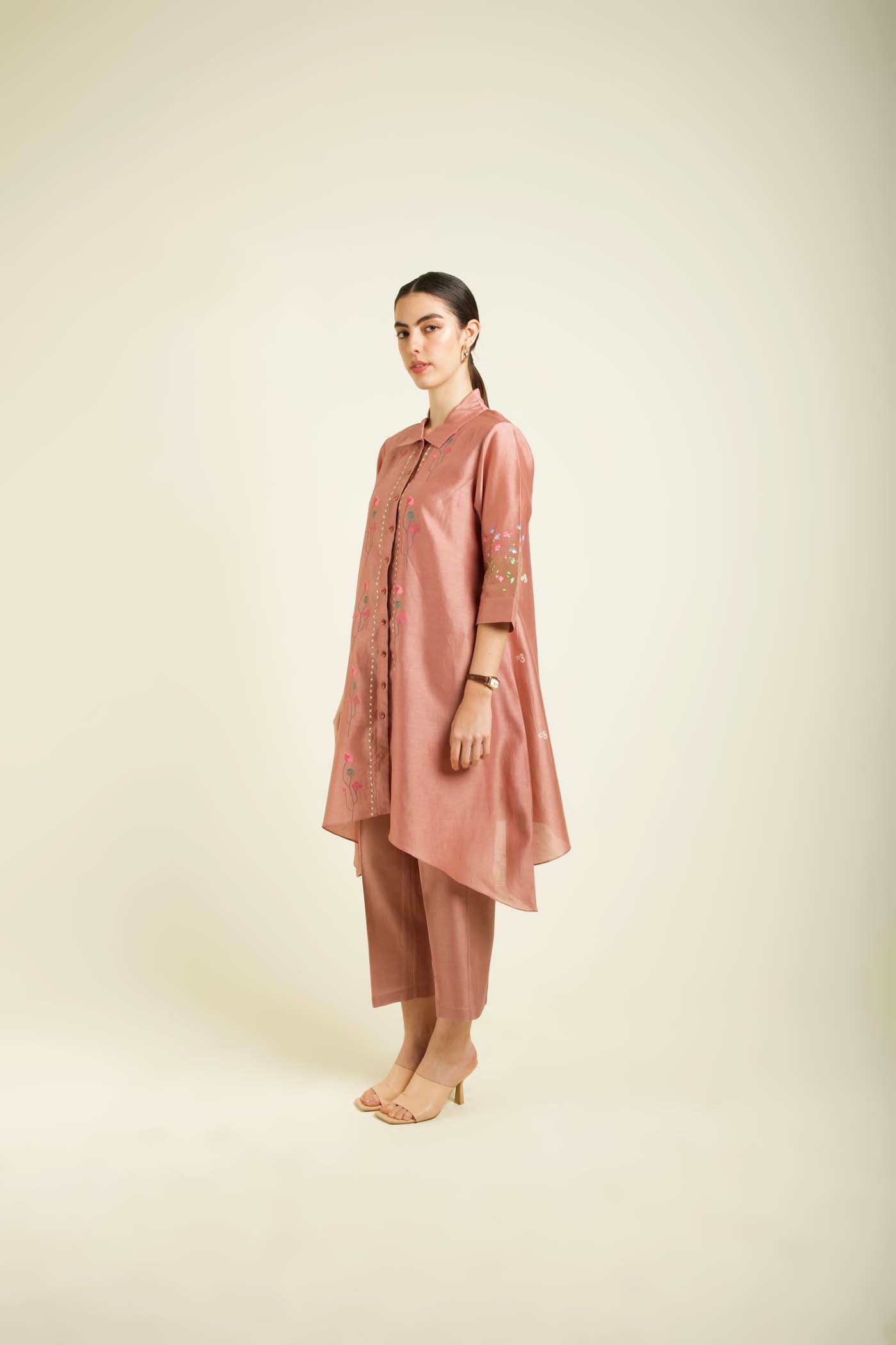 Almond Shirt With Embroidery And Straight Pants